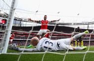 LONDON, ENGLAND - APRIL 02:  Shkodran Mustafi of Arsenal (not pictured) scores his sides second goal past Willy Caballero of Manchester City (C) during the Premier League match between Arsenal and Manchester City at Emirates Stadium on April 2, 2017 in London, England.  (Photo by Clive Rose/Getty Images)
